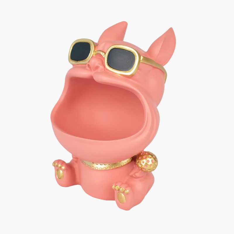 Portallaves perro rosa con gafas de sol y collar dorado. Decoración hogar original y divertida para llaves y objetos pequeños.