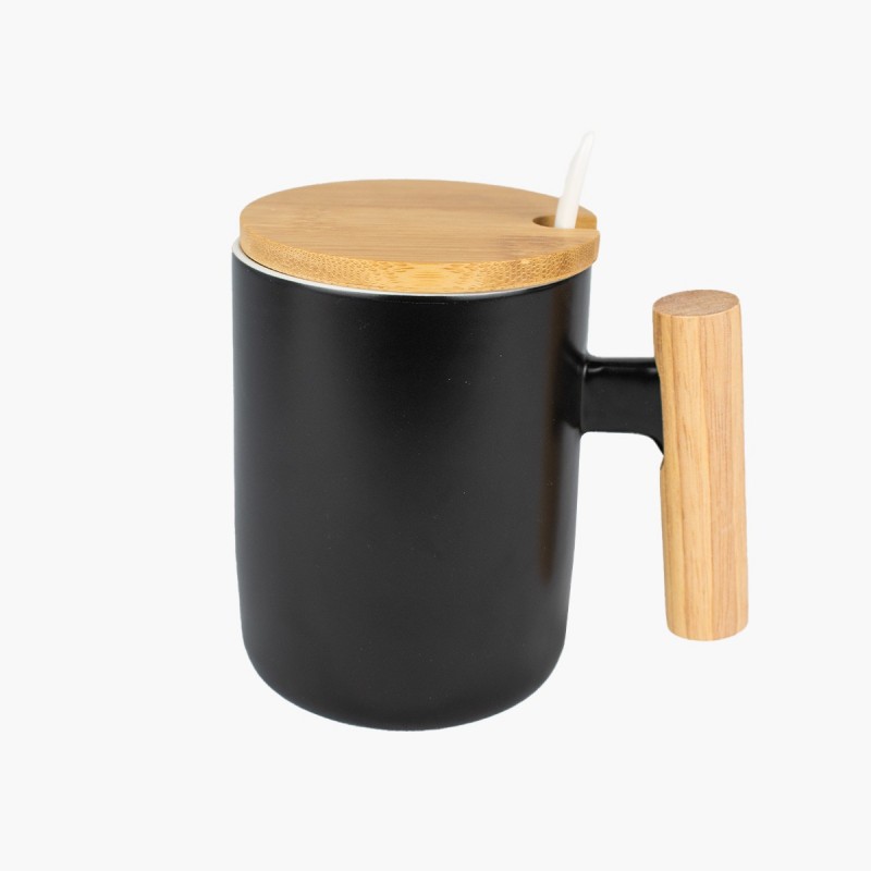 Taza con tapa y asa de madera con cuchara color Negro
