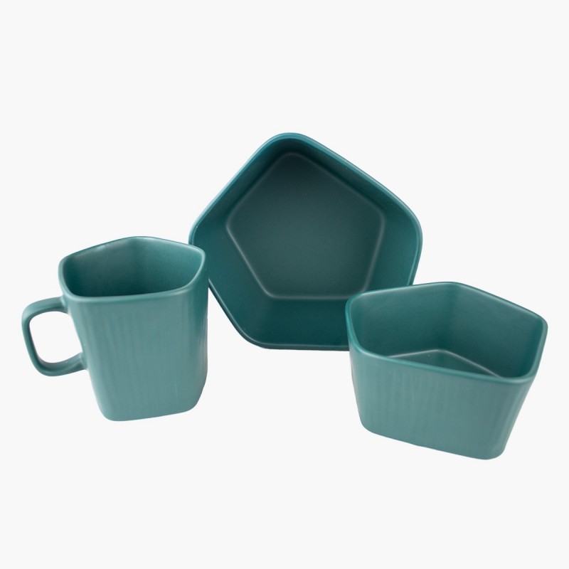 Set de platos geométricos con asa de madera color verde
