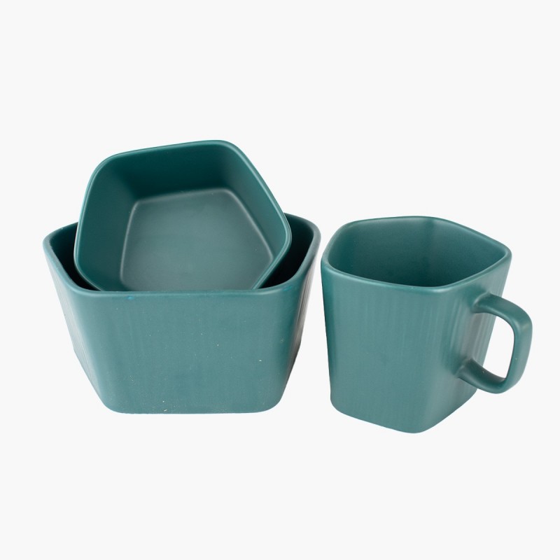 Set platos geométricos verdes con asa de madera Vajilla moderna para cocina y comedor Diseño minimalista chileno