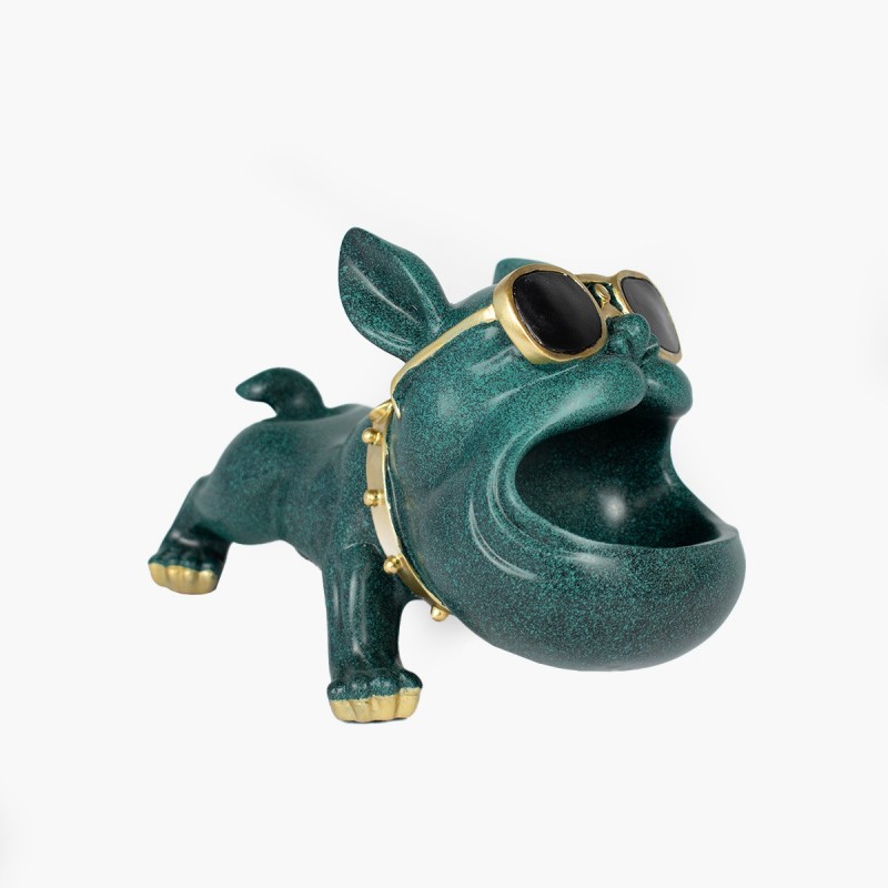 Perro base para vino color verde con gafas de sol. Decoración hogar divertida y original. Ideal para amantes del vino.