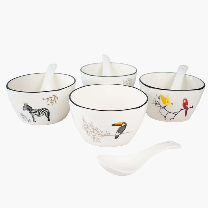 Set de 4 tazones con cuchara de animales blanco para sopa o postre. Diseño tierno con cebra, tucán y loros.
