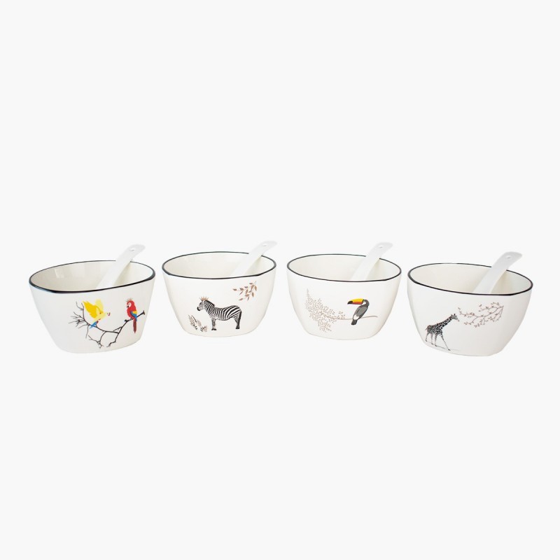 Set de 4 tazones con cuchara animales blanco diseño moderno infantil hogar cocina menaje.