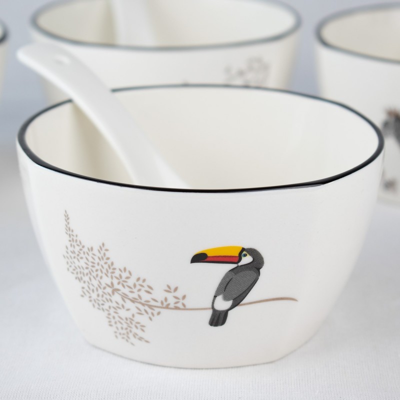 Set 4 tazones con cuchara diseño animales blanco Vajilla infantil para bebés y niños pequeños Diseño tucán y ramas Decoración...