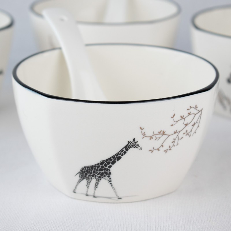 Set 4 tazones blancos con cuchara diseño animales jirafa ideal para sopa o postre menaje cocina hogar