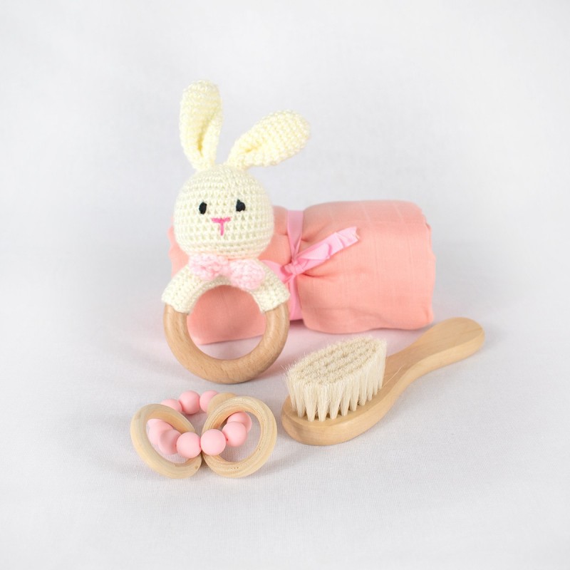 Set regalo bebé 4 piezas mordedor conejo peluche cepillo manta rosada juguetes estimulación sensorial apego recién nacido uni...