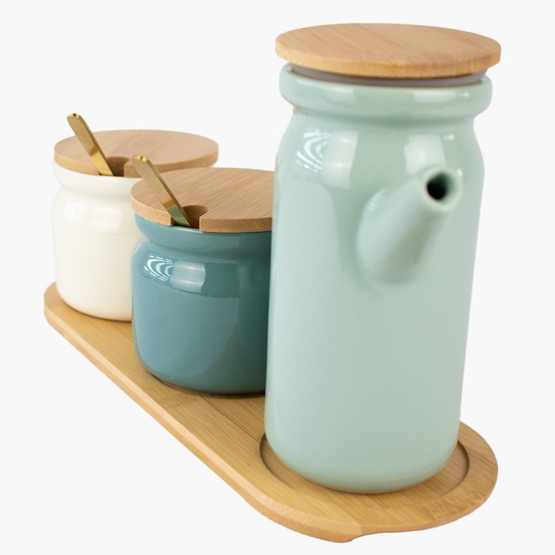 Set cocina azúcar sal aceite multicolor cerámica tapas madera cucharas doradas diseño elegante funcional hogar