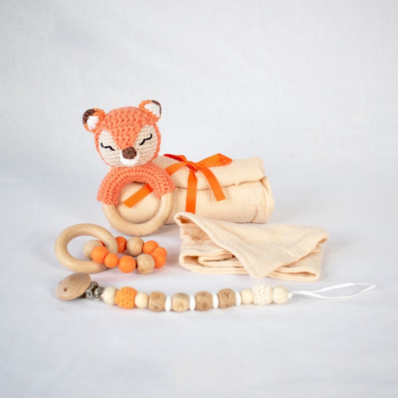 Set regalo bebé 5 piezas mordedor zorrito peluche accesorios bebé diseño orgánico colores neutros baby shower infantil origin...
