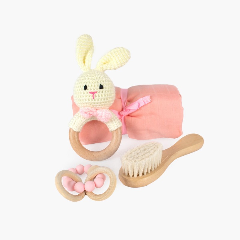Set regalo bebé 4 piezas mordedor conejo peluche cepillo madera manta rosada juguetes estimulación sensorial apego recién nac...