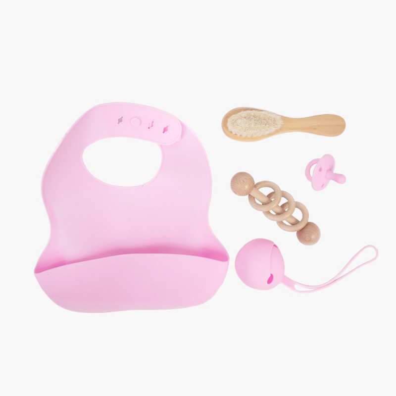 Set de regalo bebé silicona rosa 5 piezas babero cepillo chupete juguete mordedor accesorios para recién nacido niña