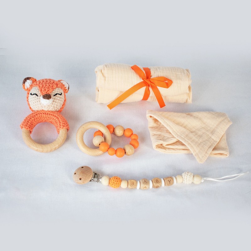 Set 5 piezas regalo bebé mordedor peluche zorrito toalla mordedor madera chupete personalizado nombre. Ideal recién nacido.