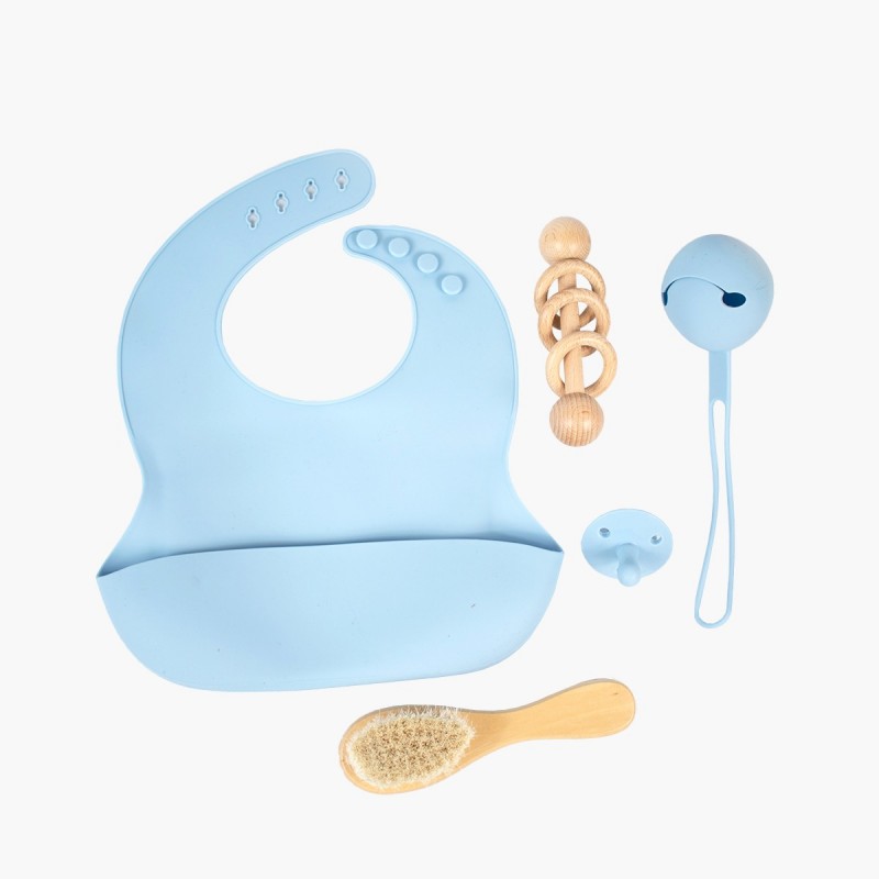 Set de 5 piezas regalo bebé silicona celeste babero cepillo chupete mordedor sonajero juguetes accesorios bebé