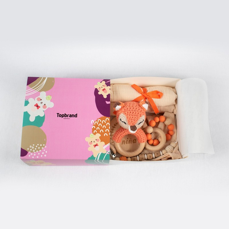 Set regalo bebé mordelón con peluche zorrito 5 piezas. Regalo original recién nacido. Incluye mordedor, muselina y sonajero.
