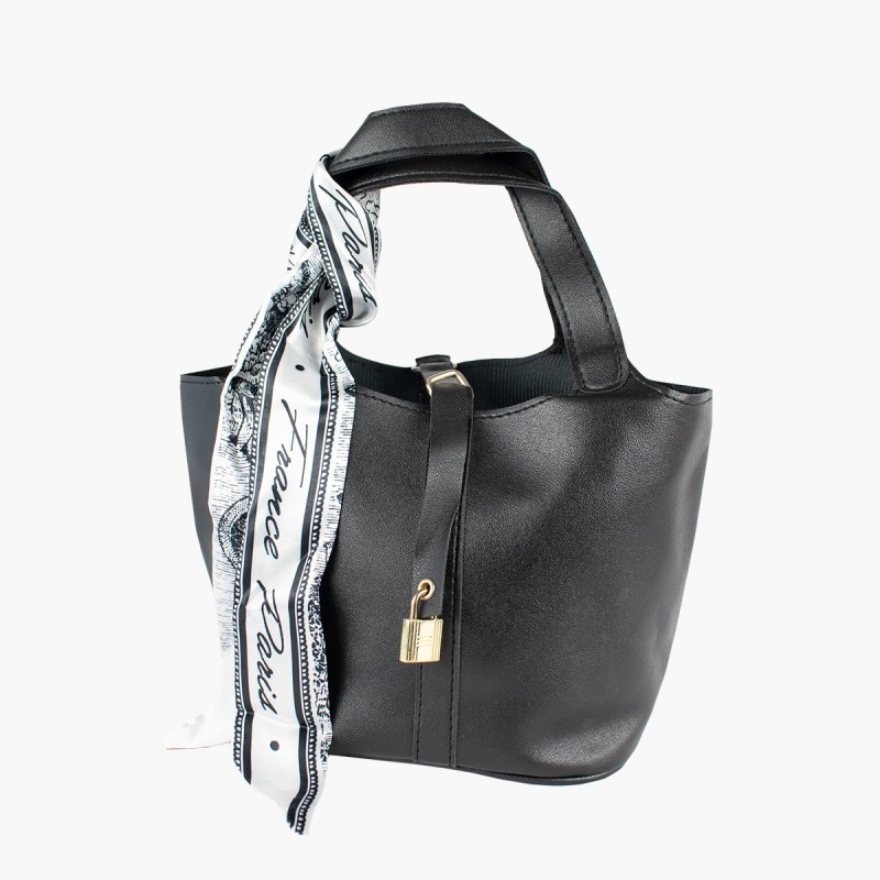 Cartera con asa color negro y pañuelo Francia Paris. Bolso elegante para mujer.