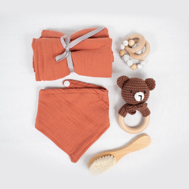 Set regalo bebé 5 piezas mordedor oso peluche manta babero cepillo pelo juguete madera orgánico canastilla recién nacido neut...