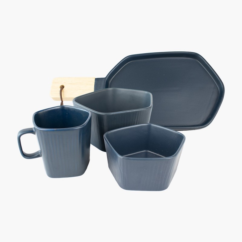 Set de platos geométricos con asa de madera azul, vajilla moderna, diseño hogar y cocina, estilo único.