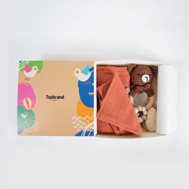 Set regalo bebé 5 piezas mordedor oso peluche. Caja sorpresa infantil. Suave algodón orgánico. Ideal recién nacido. Tienda on...