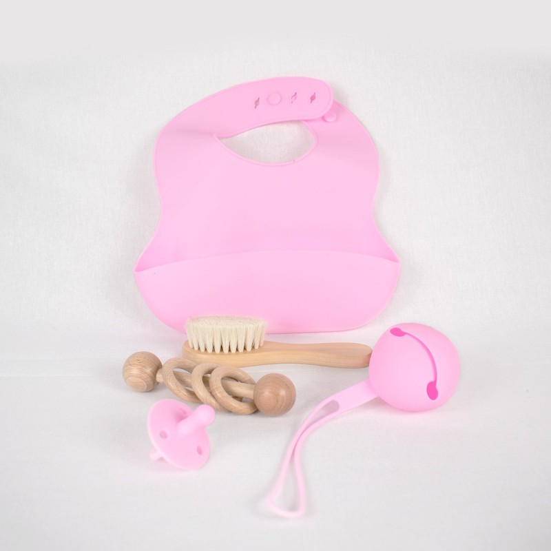 Set de 5 piezas regalo bebé silicona rosa babero cepillo chupete sonajero mordedor bebé