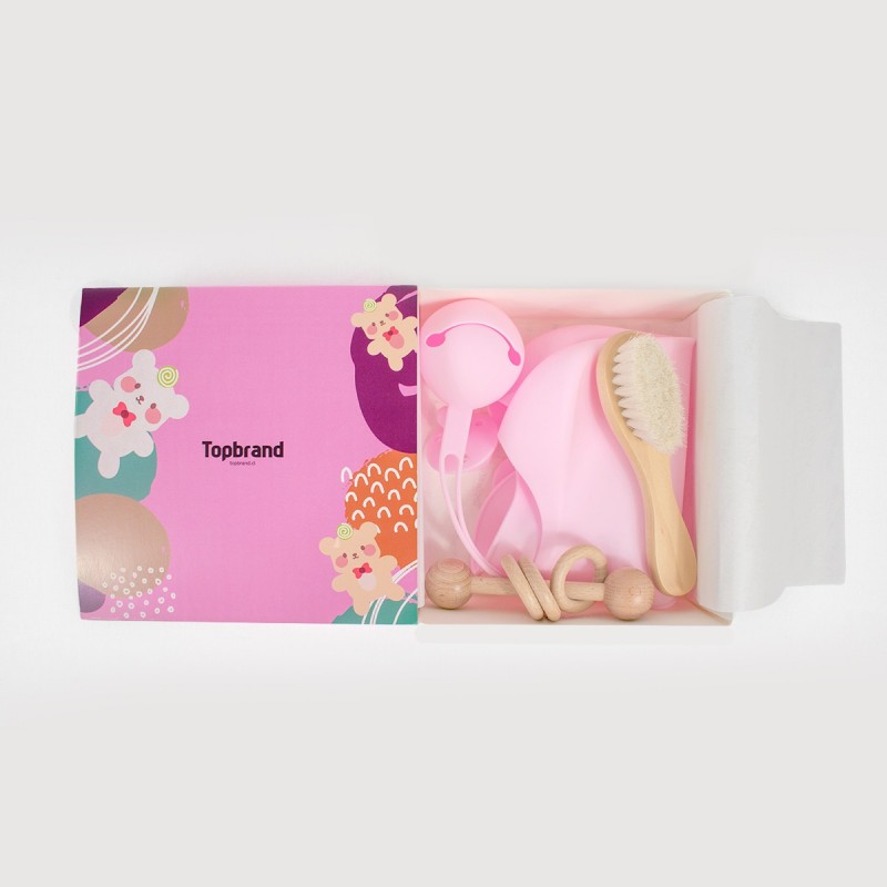 Set de regalo bebé silicona rosa 5 piezas chupete cepillo mordedor sonajero Topbrand diseño tierno y delicado para recién nac...