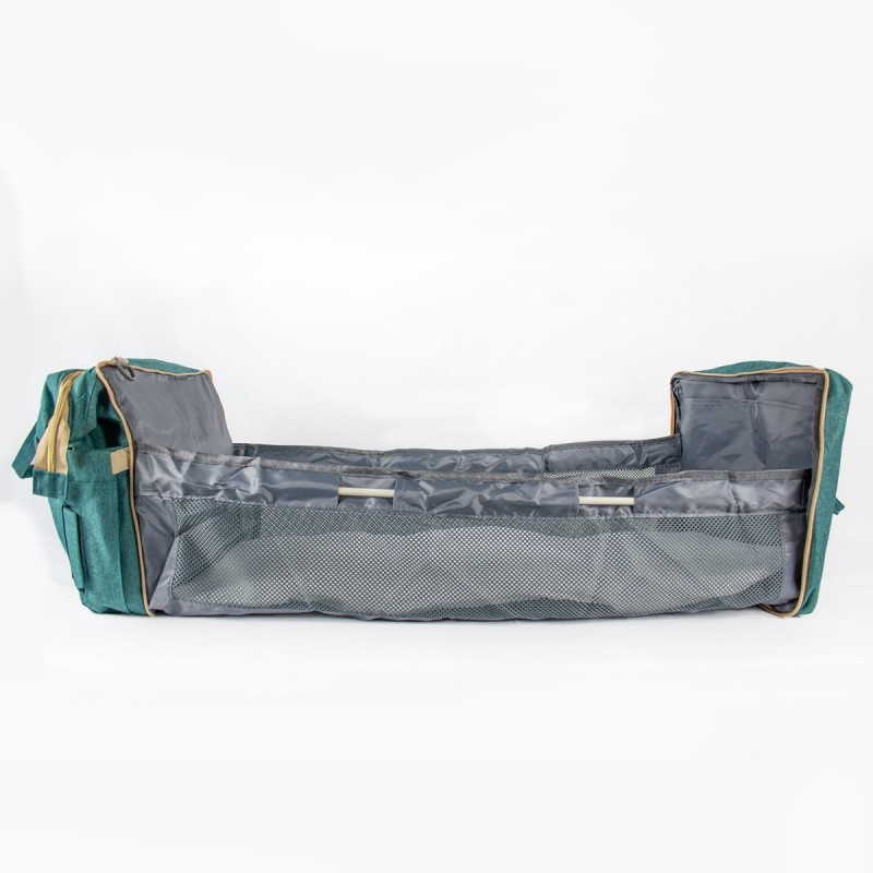 Mochila pañalera verde con cambiador portátil para bebé, ideal para viajes