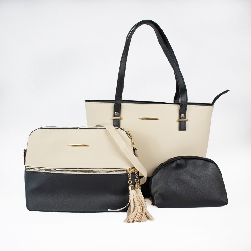 Set de 3 piezas cartera cosmetiquera y monedero beige y negro
