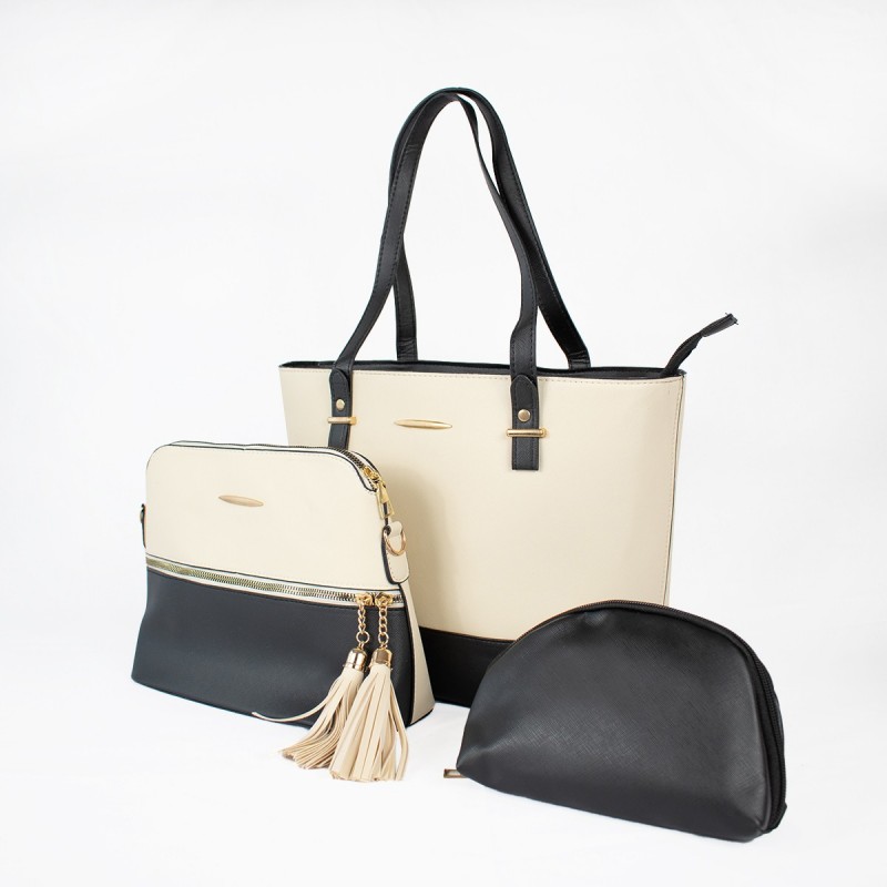 Set de 3 piezas cartera cosmetiquera y monedero blanco y negro moda mujer Chile